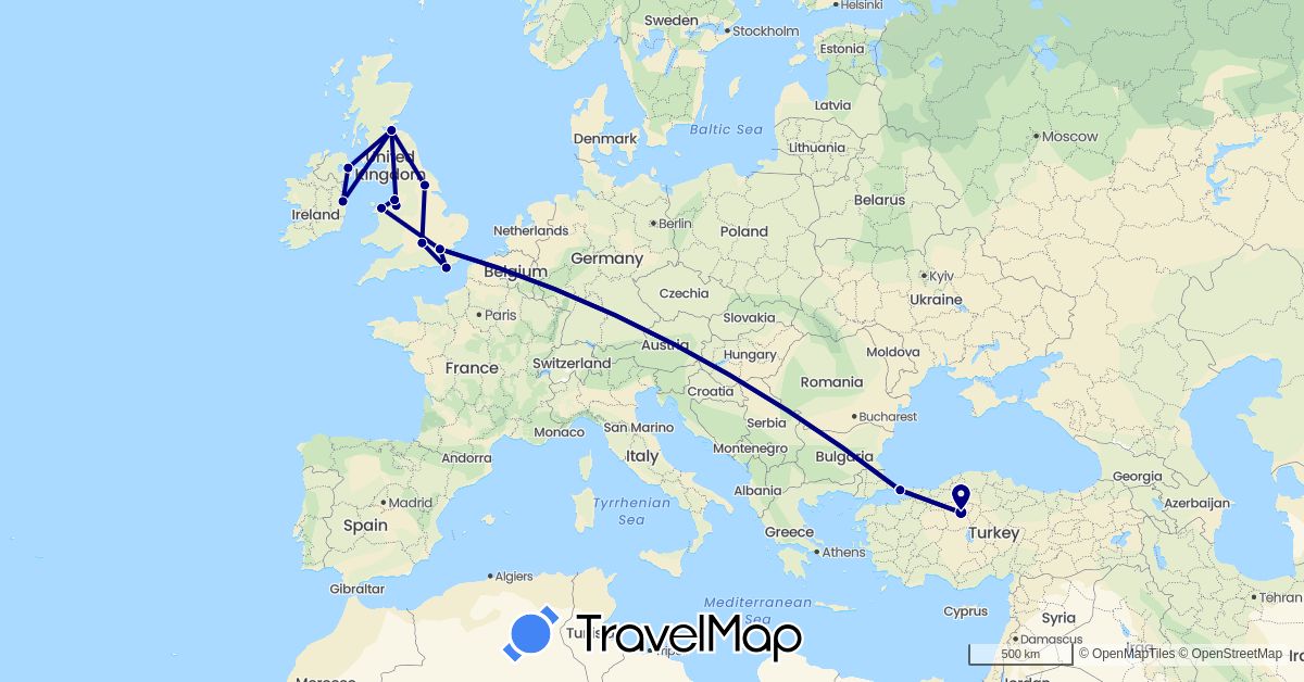 TravelMap itinerary: driving in United Kingdom, Ireland, Turkey (Asia, Europe)